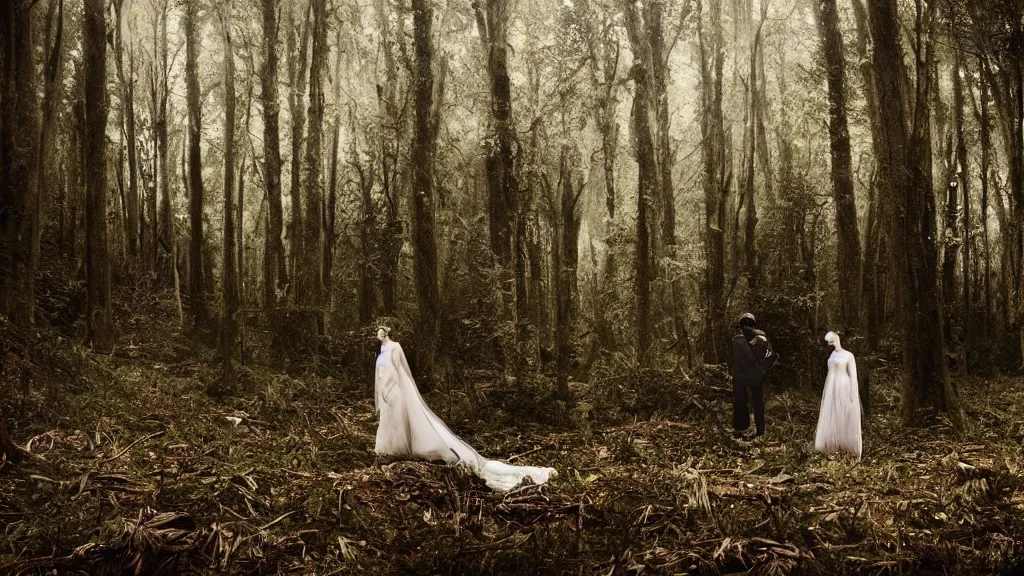 Prompt: surreal atmospheric vogue wedding photography in a forest by paolo roversi, realistic