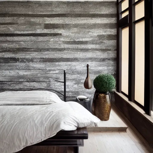 Image similar to bedroom, stone, interior design, stylish luxury hotel bedroom design, yakisugi, black vertical slatted timber, textures, feminine, black walls, art, Japanese pottery vase with flowers, kakejiku, seasonal, Japanese influences