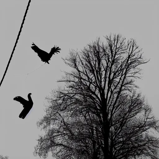 Prompt: a man is hanging on a rope on a tree, gloomy style, two crows are flying, black and white photography, creepy, stylization of a picture illustration from a book