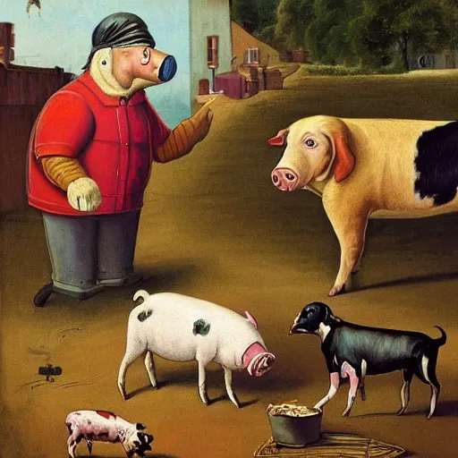 Prompt: butcher giving food to a dog, while being watched by a pig, a sheep, a chicken and a cow