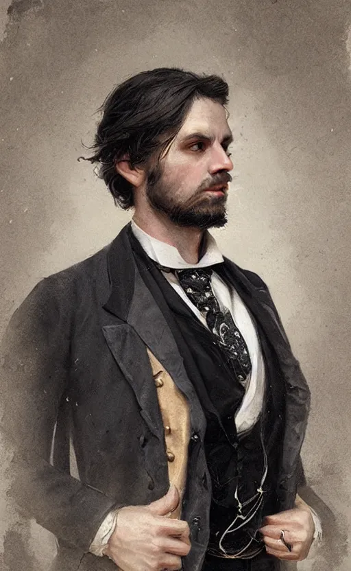 Image similar to Portrait of a victorian gentleman wearing a waistcoat, male, detailed face, victorian, highly detailed, cinematic lighting, digital art painting by greg rutkowski
