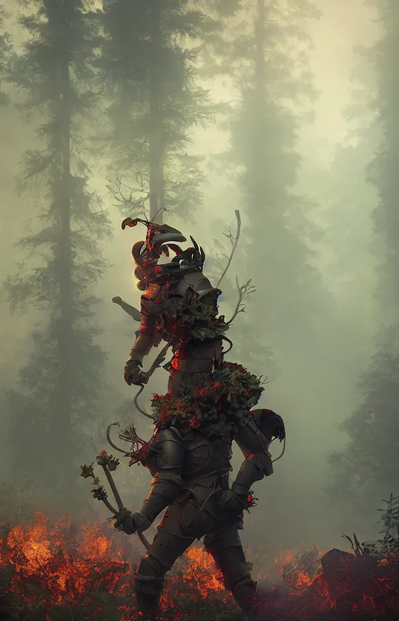 Image similar to a knight among flowers in dark forest surrounded by fire and smoke, moody, rim light, dynamic lighting, cinematic shot, gritty, ultra - detail, renderman, physically based render, greg olsen and liz lemon swindle