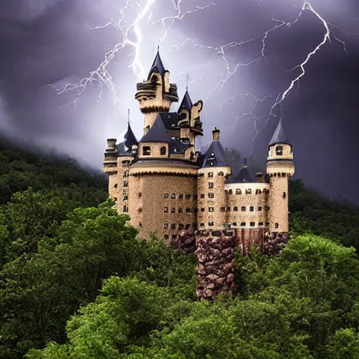 Image similar to dark stormy towering castle with lots of turrets on a cliff, thunder and lightning, atmospheric fantasy