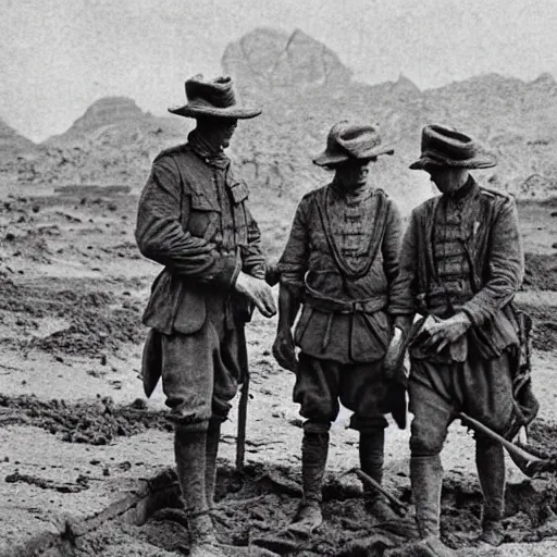 Image similar to ultra detailed photorealistic sepia - toned photograph from 1 9 1 7, three british soldiers standing at an archaeological dig site in wadi rum, ultra realistic, painted, intricate details, lovecraft, atmospheric, dark, horror, brooding, highly detailed, by clyde caldwell