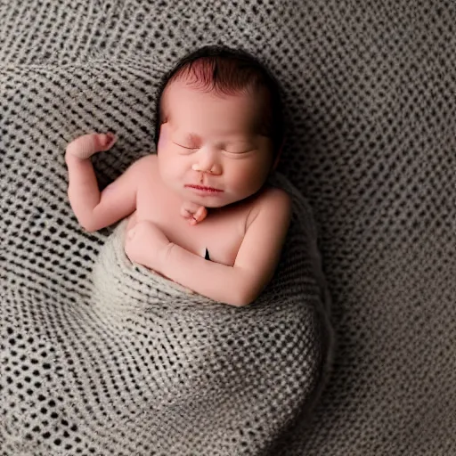 Prompt: baby with a full moustache laying on a blanket, photograph, depth of field, cute baby, olan mills, professional portrait photograph