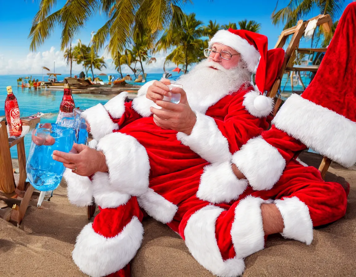 Prompt: photo of santa claus relaxing on the exotic beach, sipping soda from glass using straw, lying on deckchair, hd, hdr, ultra detailed, high resolution