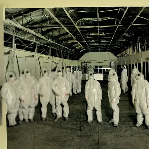 Image similar to an alien ship inside a hanger, old photo, vintage photo, grainy, realistic, real photo, men in hazmat suits standing around