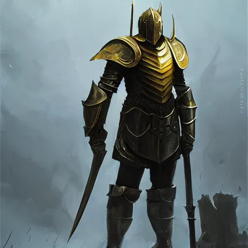 Image similar to anthropomorphic knight warrior stands tall wearing black and gold plate armor, oil painting, Tooth Wu, Greg Rutkowski, RPG, dynamic lighting, fantasy art, High contrast, depth of field, landscape, scenery