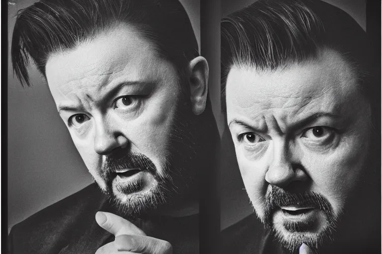 Prompt: an 8 5 mm portrait of ricky gervais as a 1 7 0 0's gangster by gustave baumann, lomography lady grey, ultra realistic, beautiful lighting, dramatic, noise, film