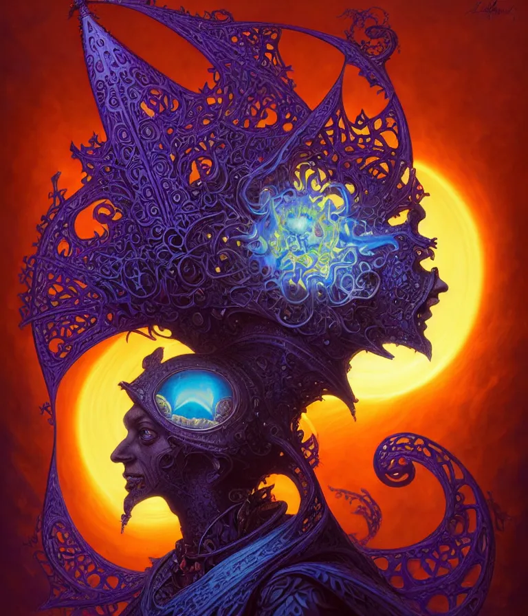 Prompt: front shot of a court jester character, hyperdimensional, bioluminescent hypercubes, dark holography!!!, sunset psychedelic, (((intricate))), elegant, highly detailed, centered, (((artstation, concept art, smooth, sharp focus, artgerm, Tomasz Alen Kopera, Peter Mohrbacher, donato giancola, Joseph Christian Leyendecker, WLOP, Boris Vallejo))), mugshot!!!!!, ugly!!!!!!, octane render, nvidia raytracing demo, octane render, nvidia raytracing demo, octane render, nvidia raytracing demo, grainy, muted, 8K, digitalblasphemy, metatron