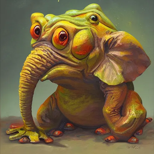 Image similar to frog - elephant creature, colorful oil painting by justin gerard