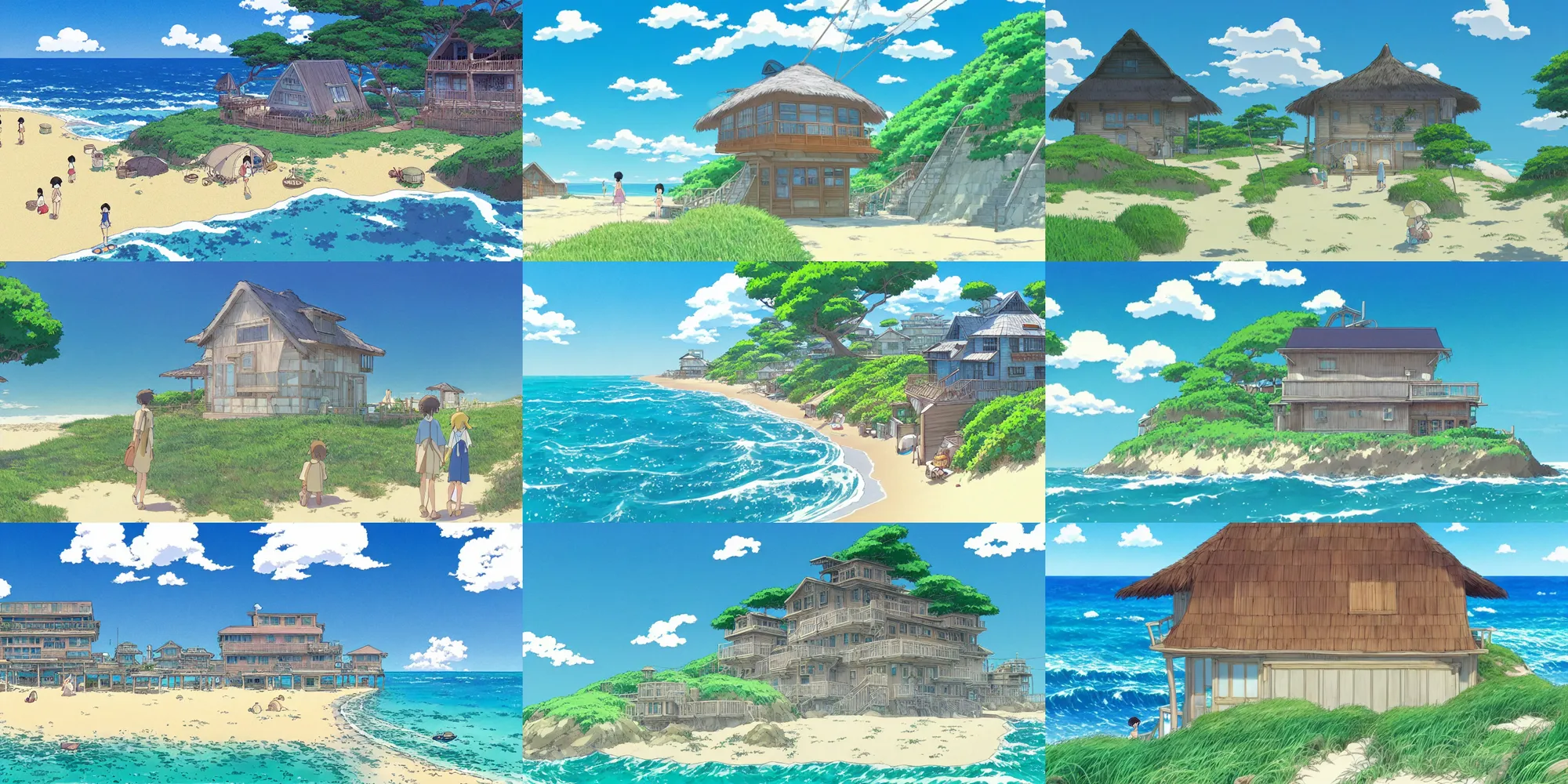 Prompt: storybook illustration by studio ghibli of a beach house on a sunny summer's day, by the ocean, in the anime film by Makoto Shinkai