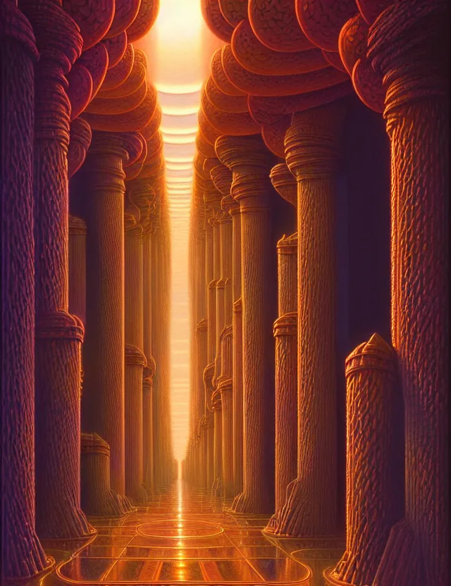 Prompt: infinite hallway, pillars of love and light, tim hildebrandt, bruce pennington, wayne barlowe, donato giancola, trending on artstation, cinematic composition, beautiful lighting, hyper detailed, 8 k, oil on canvas