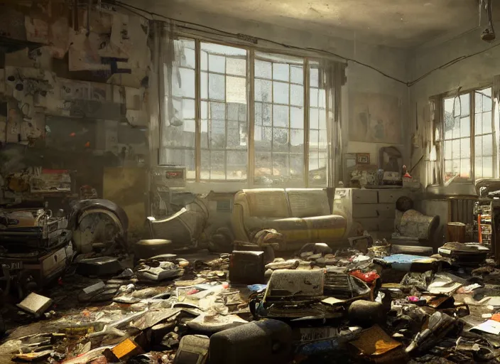 Prompt: a room filled with lots of junk and broken windows, concept art by scott listfield, cgsociety, neoplasticism, artstation hq, playstation 5 screenshot, cryengine
