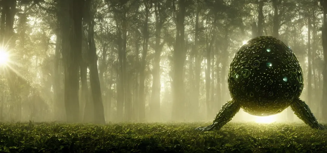 Image similar to a complex organic fractal 3 d metallic symbiotic ceramic humanoid megastructure creature in a swampy lush forest, foggy, sun rays, cinematic shot, photo still from movie by ari aster