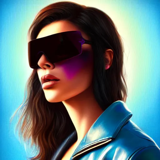 Image similar to closeup painting of a very beautiful young mexican cyberpunk woman with a smirk, wearing light blue shutter shades and a dark brown leather jacket, one side haircut, long brown hair with light blue ends, portrait, hyperdetailed, artstation, cgsociety, 8 k, synthwave by tangerine dream