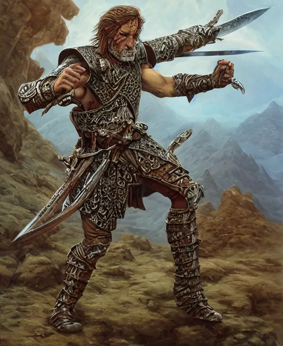 Image similar to battle - worn warrior with legendary sword, fantasy, man, cool armour, intricate, highly detailed, digital painting, artstation, concept art, wallpaper, smooth, sharp focus, illustration, art by larry elmore, jeff easley, clyde waldwell, keith parkinson, daniel r horne