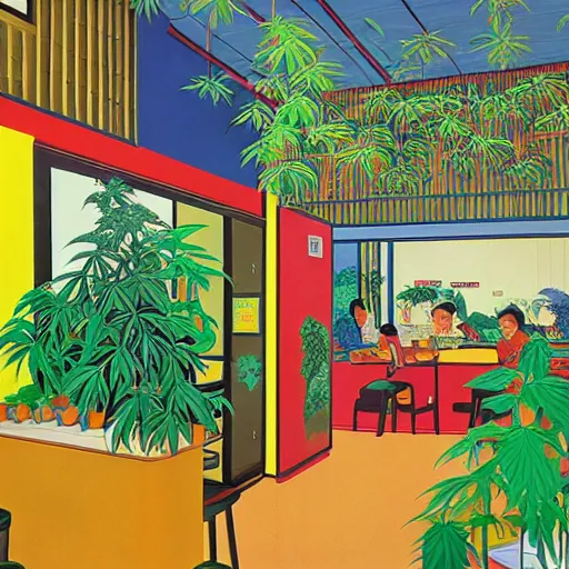 Image similar to taiwanese style cafe inside are australian patrons, decorated with cannabis pot plants 🪴 utopia frontage, pop art poster, vivid colors by will barnet