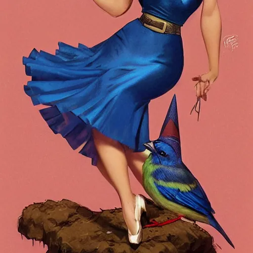 Prompt: pinup girl holding an indigo bunting, bird, the bird is wearing a crown and bowtie by greg rutkowski, rossdraws, gil elvgren, enoch bolles, anime, very coherent