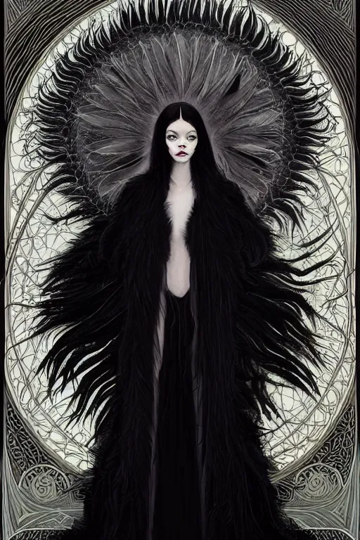 Prompt: symmetry!! jennifer connely mixed with anya taylor - joy as dark fae, black feathers instead of hair, feathers growing out of skin, shapeshifting, long black cloak, intricate, elegant, highly detailed, my rendition, digital painting, artstation, concept art, smooth, sharp focus, illustration, art by artgerm and greg rutkowski and alphonse mucha