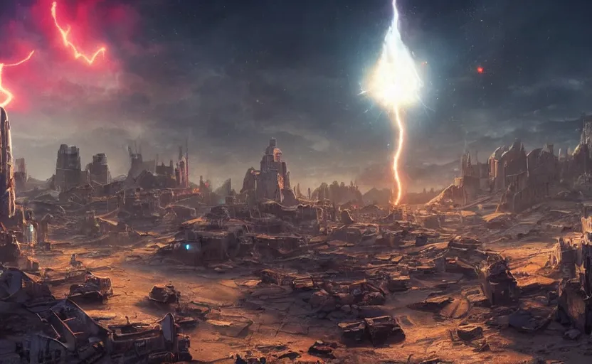 Prompt: cinematic still, epic desolate apocalyptic city wasteland with a hillock in the foreground containing a magical wizard summoning a spirit orb the size of a small asteroid, electrical sparks, vivid colors, aerial