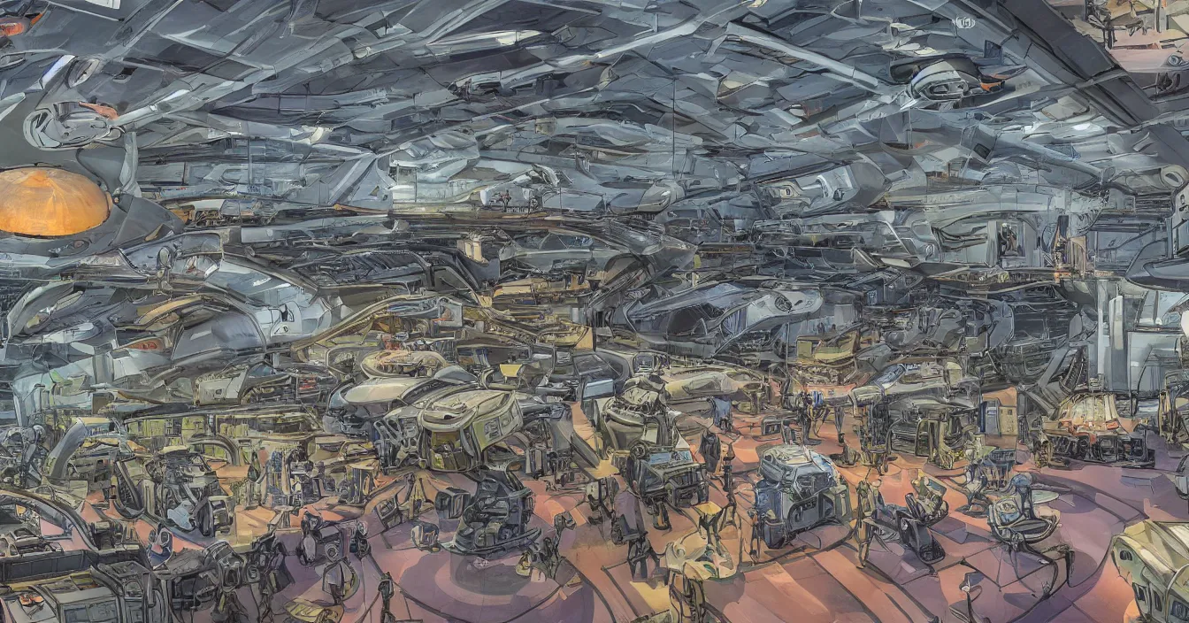 Image similar to Interior of the hall in area 55, full of alien military equipment, engineers working on flying saucers, high detail, wide perspective, saturated colors, digital art, amazing concept art