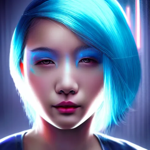 Prompt: a digital painting of an asian girl with blue hair, by pascal blanche, hyperrealism, cyberpunk art, cgsociety, synchromism, detailed painting, glowing neon, digital illustration