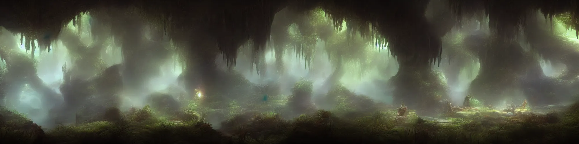 Prompt: huge forest cave with cinematic lighting in the style of ori and the blind forest, highly detailed, digital art 4k, 8k