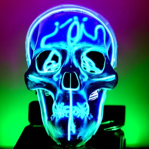 Prompt: cybernetic human scull with with devil horns , blue neon light and smoke and purple lighting