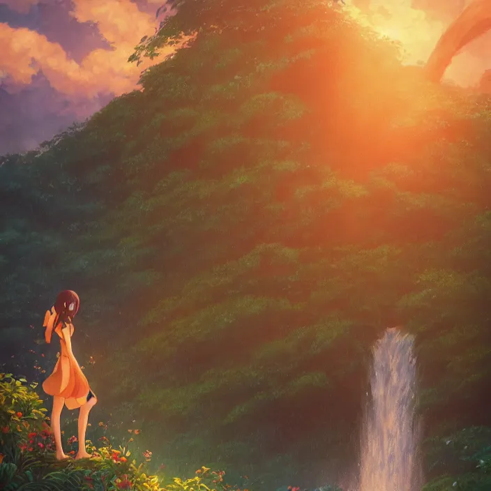 Image similar to an epic makoto shinkai and renoir landscape with a hawaiian waterfall, golden hour, 🌺, a beautiful woman with long brown hair, ultra smooth, octane render, lois van baarle, ilya kuvshinov