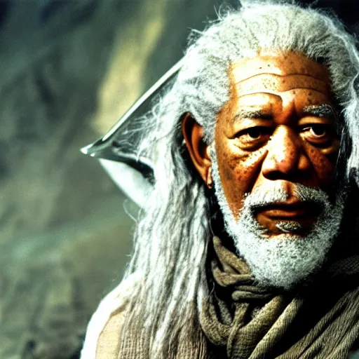 Prompt: still of morgan freeman in lord of the rings as gandalf