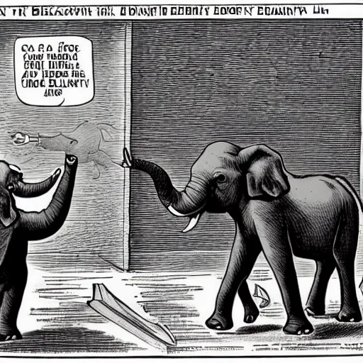 Image similar to a political cartoon of an elephant aggressively berating a donkey.