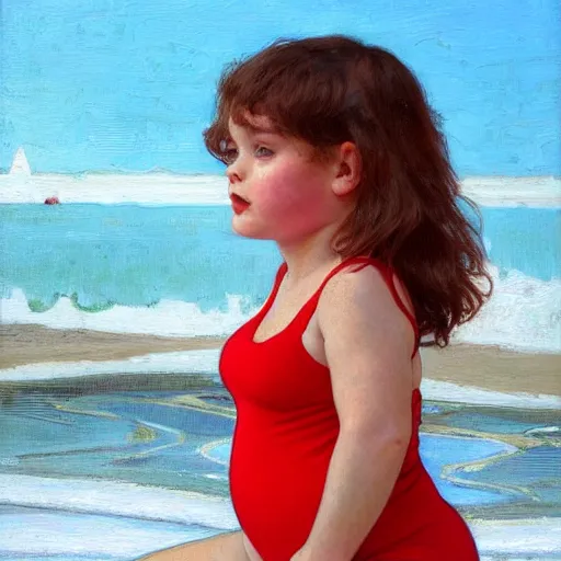 Image similar to portrait of cute young chubby courtney cox in red swimsuit sitting on a beach, intricate, hyperdetailed, photorealistic, diffuse lighting, hdrp, artstation, unreal 5, smooth, textless, sharp focus, art by john collier, albert aublet, krenz cushart, artem demura, alphonse mucha