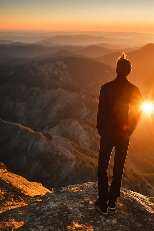 Prompt: a movie still of a man standing on the top of a mountain at sunset, golden hour