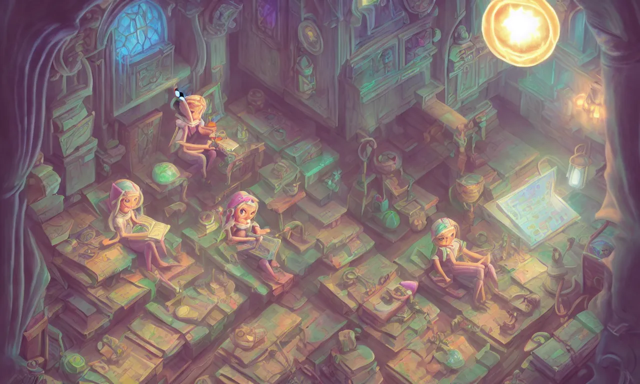 Prompt: elf tinkerer crashing twiddle and twoddle, kerberos, realm, open door, wizard reading a directory, nordic pastel colors, cross - roads, 3 d art, digital illustration, perfect lighting