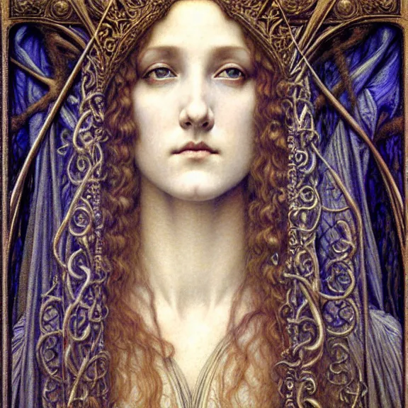 Image similar to detailed realistic beautiful young medieval queen face portrait by jean delville, gustave dore and marco mazzoni, art nouveau, symbolist, visionary, gothic, pre - raphaelite. horizontal symmetry