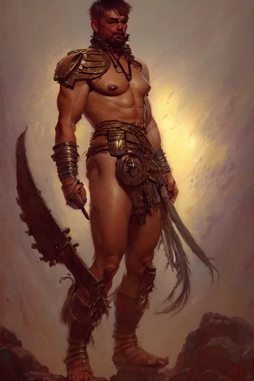 Prompt: warrior, attractive male, character design, painting by gaston bussiere, greg rutkowski, katsuya terada, frank frazetta, tom of finland, trending on artstation