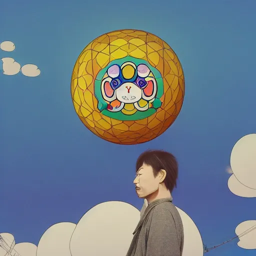 Image similar to a man walking on clouds away from the camera above kyoto by takashi murakami, beeple and james jean, aya takano color style, 4 k, super detailed, modern, 4 k, symmetrical