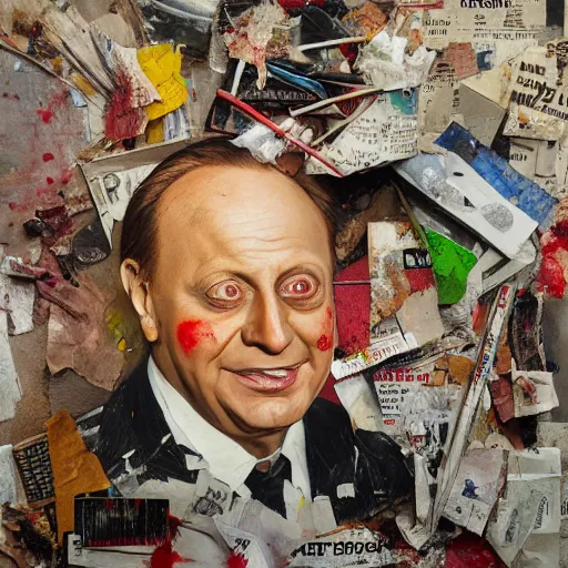 Image similar to hyperrealistic, photorealistic, mixed media oil painting of jack benny, magazine scraps, plaster, blood, oil, mustard, cigarettes, splatter, trending on artstation, award - winning painting, greg rutkowski, basquiat, ralph steadman, terry gilliam