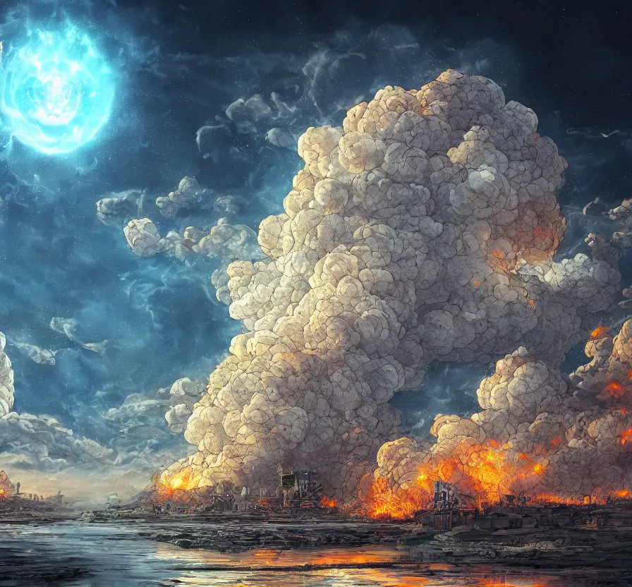 Image similar to nuclear explosion, acrilic paint, digital, artstation, detailed, intricate ink, illustration, heavenly atmosphere, digital art, over detailed art, conceptart