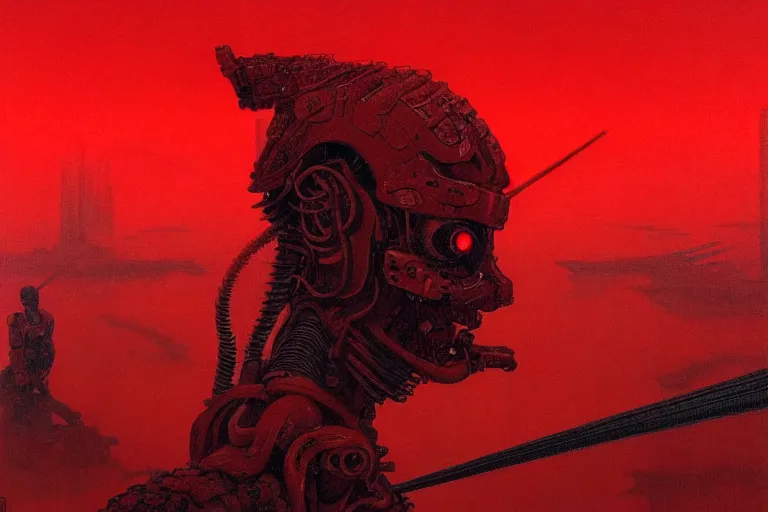 Image similar to only with red, a red cyborg samurai, tokio futuristic in background, some evil yokai fight, in the style of beksinski, parts by edward hopper, parts by rodcenko, parts by yue minjun, intricate and epic composition, red by caravaggio, insanely quality, highly detailed, masterpiece, red light, artstation, 4 k