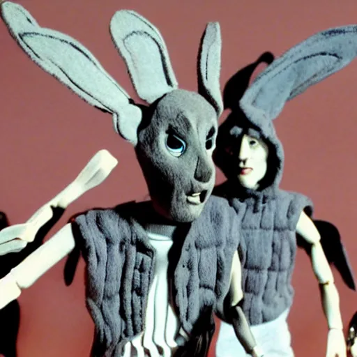 Prompt: movie still of Donnie Darko in stop motion in the style of Rankin-Bass