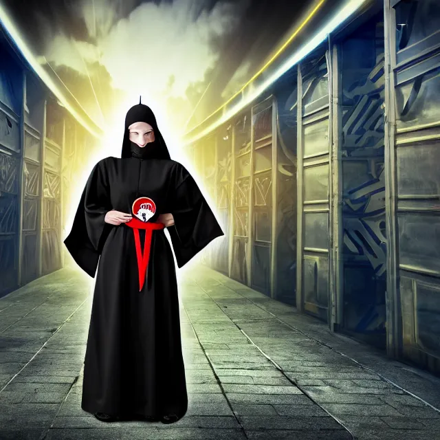 Image similar to cyber nun ninja warrior with weapons, highly detailed, 8 k, hdr, smooth, sharp focus, high resolution, award - winning photo