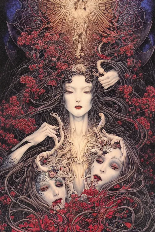Prompt: realistic detailed image of attractive beautiful angels passionately kissing and hugging in heaven, imps and demons lurking in the shadows by Ayami Kojima, Amano, Karol Bak, Greg Hildebrandt, Takato Yamamoto and Mark Brooks, Neo-Gothic, gothic, rich deep colors. art by Takato Yamamoto. masterpiece. Beksinski painting. still screenshot from 2021 movie by Terrence Malick and Gaspar Noe
