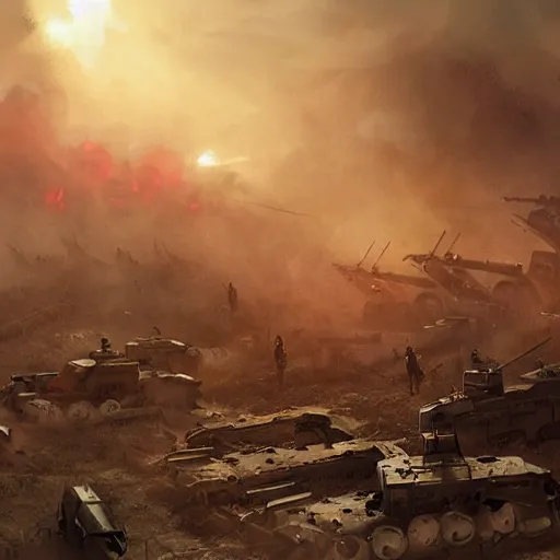 Prompt: bloody war scene, explosions, soldiers running, fog, sun beams, big machines dieselpunk style, no text, jakob rozalski style