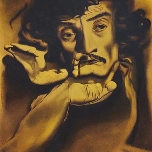 Image similar to Adam Ondra, portrait, by Dali, style of Dali self-portrait, painting