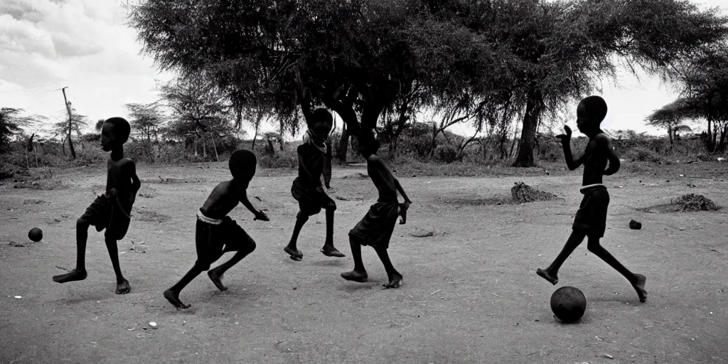 Image similar to kenyan village, black kids playing football, film photography, exposed b & w photography, christopher morris photography, bruce davidson photography, peter marlow photography