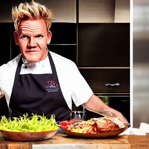 Image similar to a ram dressed up as gordon ramsay, realistic.