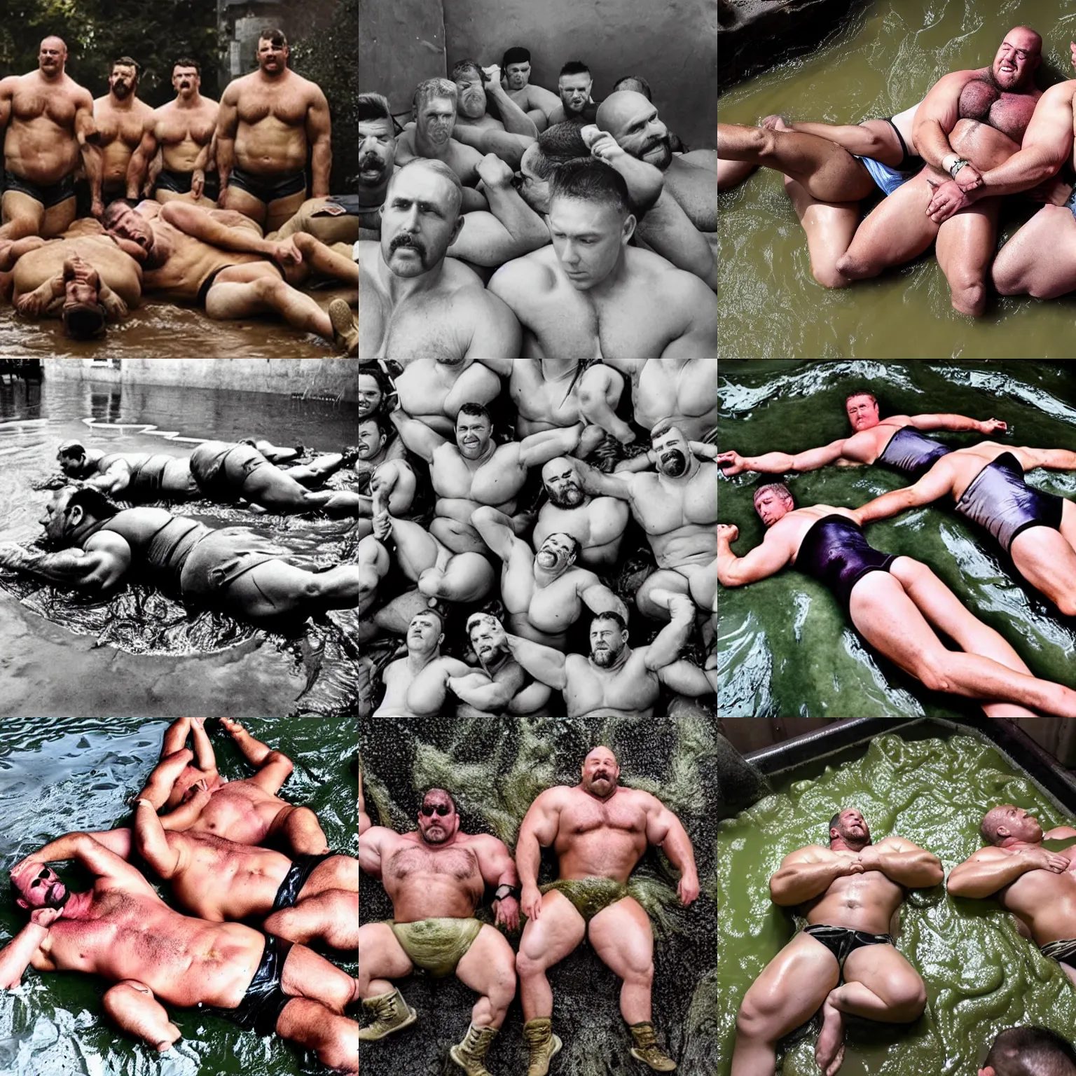 Prompt: regiment of big burly military strongmen laying down together in slime, photography