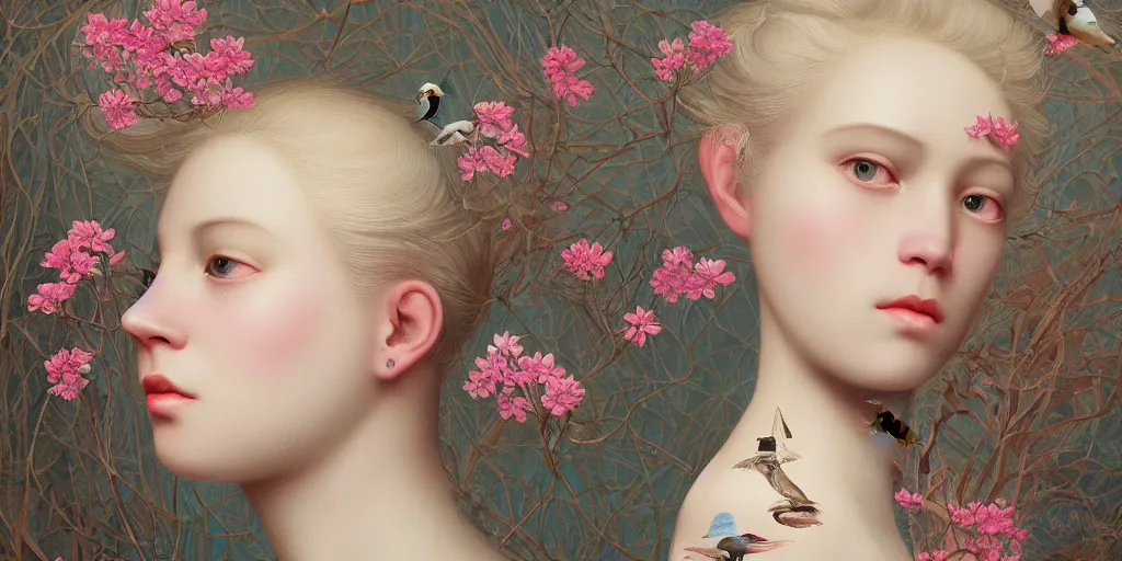 Image similar to breathtaking detailed concept art painting pattern of blonde short hair faces weird girls with anxious piercing eyes and blend of flowers and birds, by hsiao - ron cheng and john james audubon, bizarre compositions, exquisite detail, extremely moody lighting, 8 k